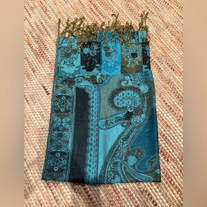 Blue Gold and Black Patterned Scarf